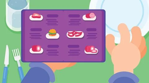 Table top view of ordering food in restaurant or cafe. Stock Illustration