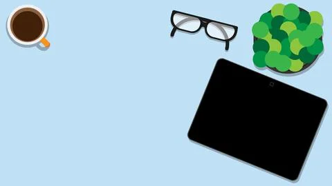 Table top view with tablet computer and coffee cup, green plant and glasses. 스톡 일러스트