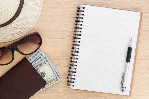 Table top view of traveller items Stock Photos