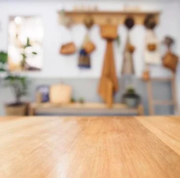Table top Wooden counter Blur Kitchen Background Natural Country Cottage Stock Photos