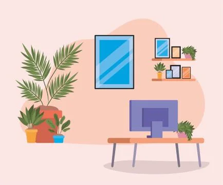 Table with tv frames and plants on shelves vector design Illustrazione stock