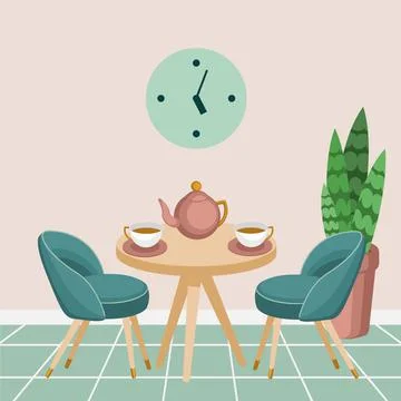 A table, two chairs and a tea set. Illustrazione stock
