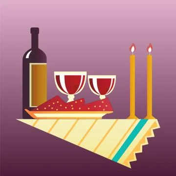 Table for two with cloth, glasses, bottle of wine. Stock Illustration