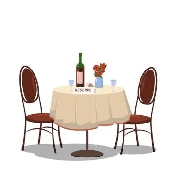 Table for two reserved. Wine bottle and two glasses, flowers on the table, white Stock Illustration