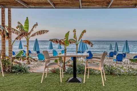 A table for two with a view of the azure Mediterranean Sea Stock Photos