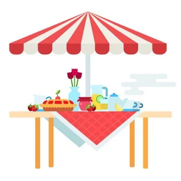 Table with umbrella and a set for tea drinking vector icon flat isolated Stock Illustration