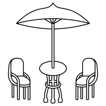 Table with umbrella and two chairs. Sketch Illustration