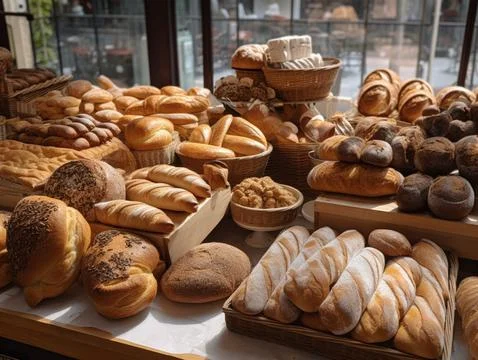 A table with various bread and pastries in a busy bakery Stock Photos