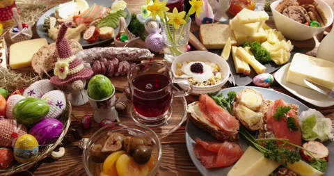 Table with Various Delicacies for Breakfast on Easter Morning. Video stock 148911796