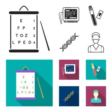 A table of vision tests, a blood test, a DNA code, an ECG apparatus. Medicine Stock Illustration