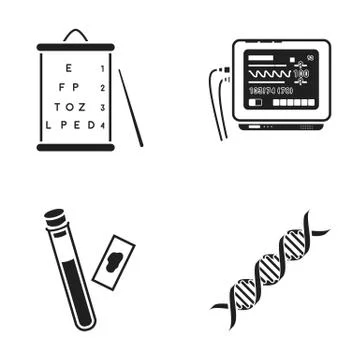A table of vision tests, a blood test, a DNA code, an ECG apparatus. Medicine Stock Illustration