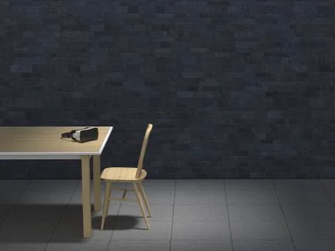Table with VR glasses in darkened room, 3D-Rendering Stock Illustration