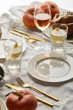 Table white tablecloth served glasses Stock Photos