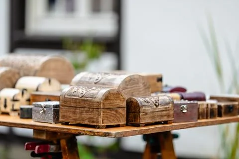 A table with wooden boxes on it Foto stock