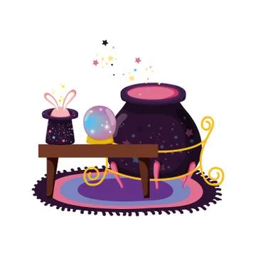 Table wooden with witchcraft items Stock Illustration