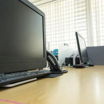 Table work in office with black computer pc 스톡 사진