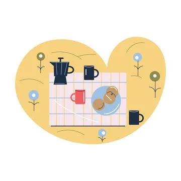 Tablecloth on grass with freshly brewed tea of coffee and snacks Stock Illustration