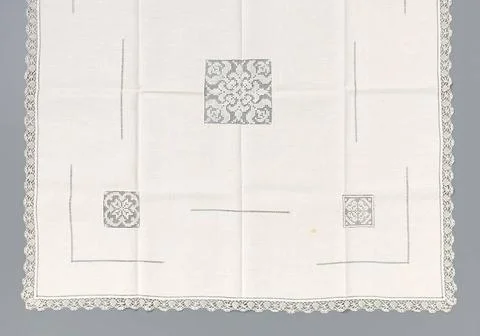 Tablecloth of linen with inserts from edge embroidery and rounded around w... Stock Photos