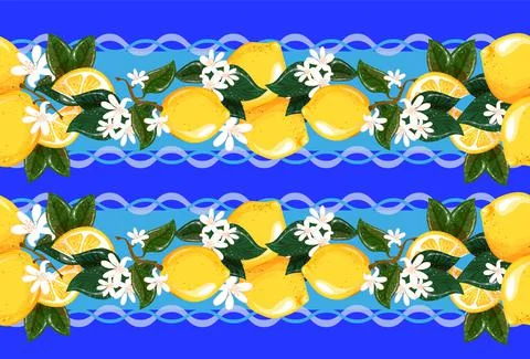 Tablecloth in vector. Seamless pattern with lemons and white flowers for towels Stock Illustration