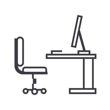 Table,office desk with computer sideview vector line icon, sign, illustration イラスト素材