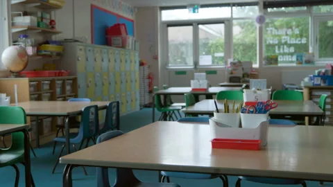 Tables And Chairs In Empty Primary Or Elementary School Classroom Stock Footage 255049555