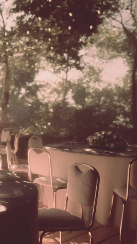 Tables and chairs set up in garden for outdoor event during sunny day Stock Footage 338375587