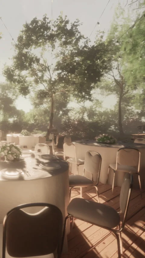 Tables and chairs set up for an outdoor event in a garden Stock Footage 337932036