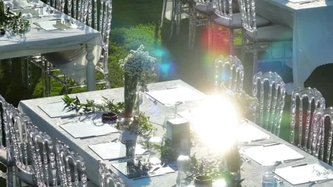 Tables and services prepared for invitations and weddings Video stock 292768563