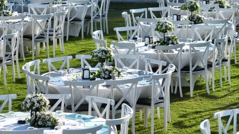 Tables and services prepared for invitations and weddings Video stock 292768932