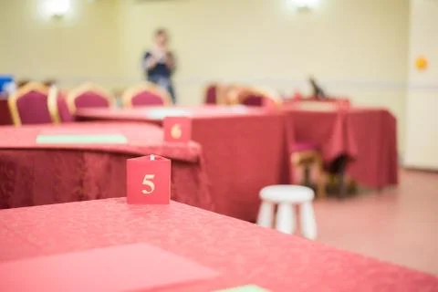 The tables are ready for the game between the teams Stock Photos