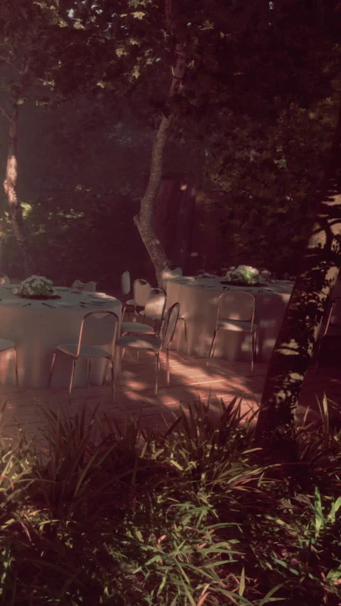 Tables are set for a gathering in a garden during late afternoon light Stock Footage 337929410
