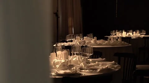Tables with beautiful tableware. Preparing for the holiday. Wedding table. Stock Footage 342993253