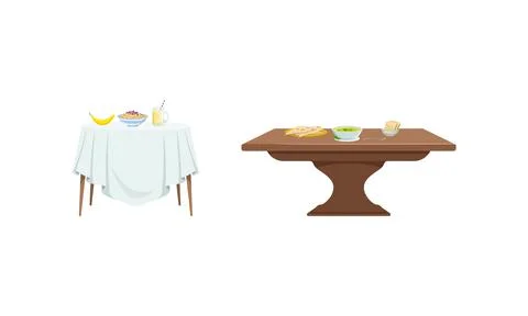 Tables with Breakfast Dishes Set, Table with Healthy Tasty Meals Vector Stock Illustration