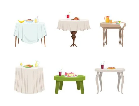 Tables Covered with Tablecloth and Served with Food Vector Set Illustrazione stock