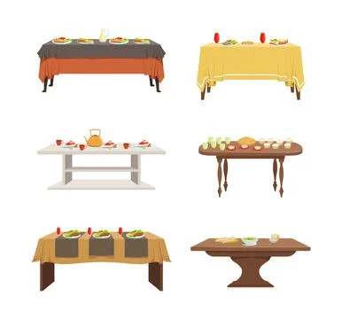 Tables Covered with Tablecloth and Served with Food Vector Set Illustrazione stock