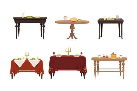 Tables Covered with Tablecloth and Served with Food Vector Set Illustrazione stock