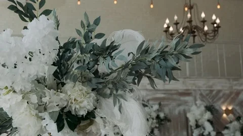 Tables decorated for a wedding reception, served with beautiful glasses and plat Vídeos de archivo 309498059