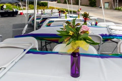 Tables empty and ready for arriving guests. Stock Photos