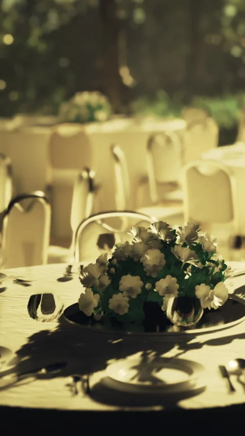 Tables set for dining in garden with flowers and glassware in sunlight Stock Footage 332215928