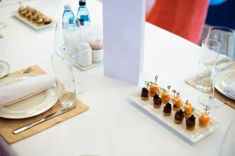 Tables set for an event, catering table set Stock Photos