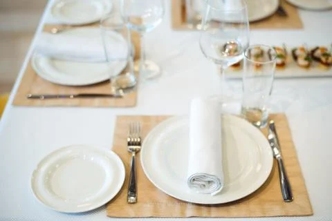 Tables set for an event, catering table set Stock Photos