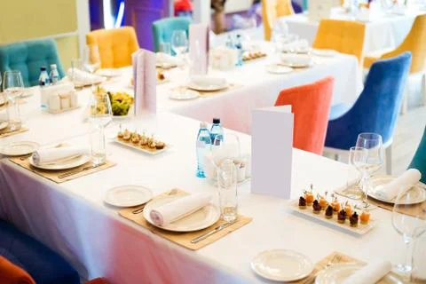 Tables set for an event, catering table set Stock Photos