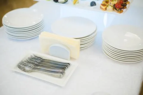 Tables set for an event, catering table set Stock Photos