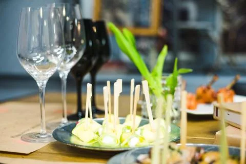 Tables set for an event, catering table set Stock Photos