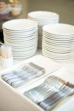 Tables set for an event, catering table set Stock Photos