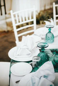 Tables set on event party or wedding reception. Stock Photos