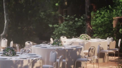 Tables set for gathering in garden setting during daytime Stock Footage 345045798