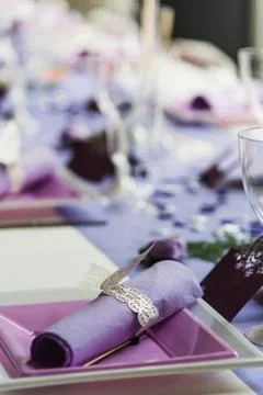 Tables set in the reception hall of a wedding Stock Photos