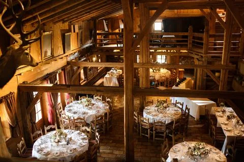 Tables sets for wedding or another catered event dinner Stock Photos