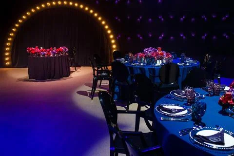 Tables sets for wedding or another catered event dinner Stock Photos